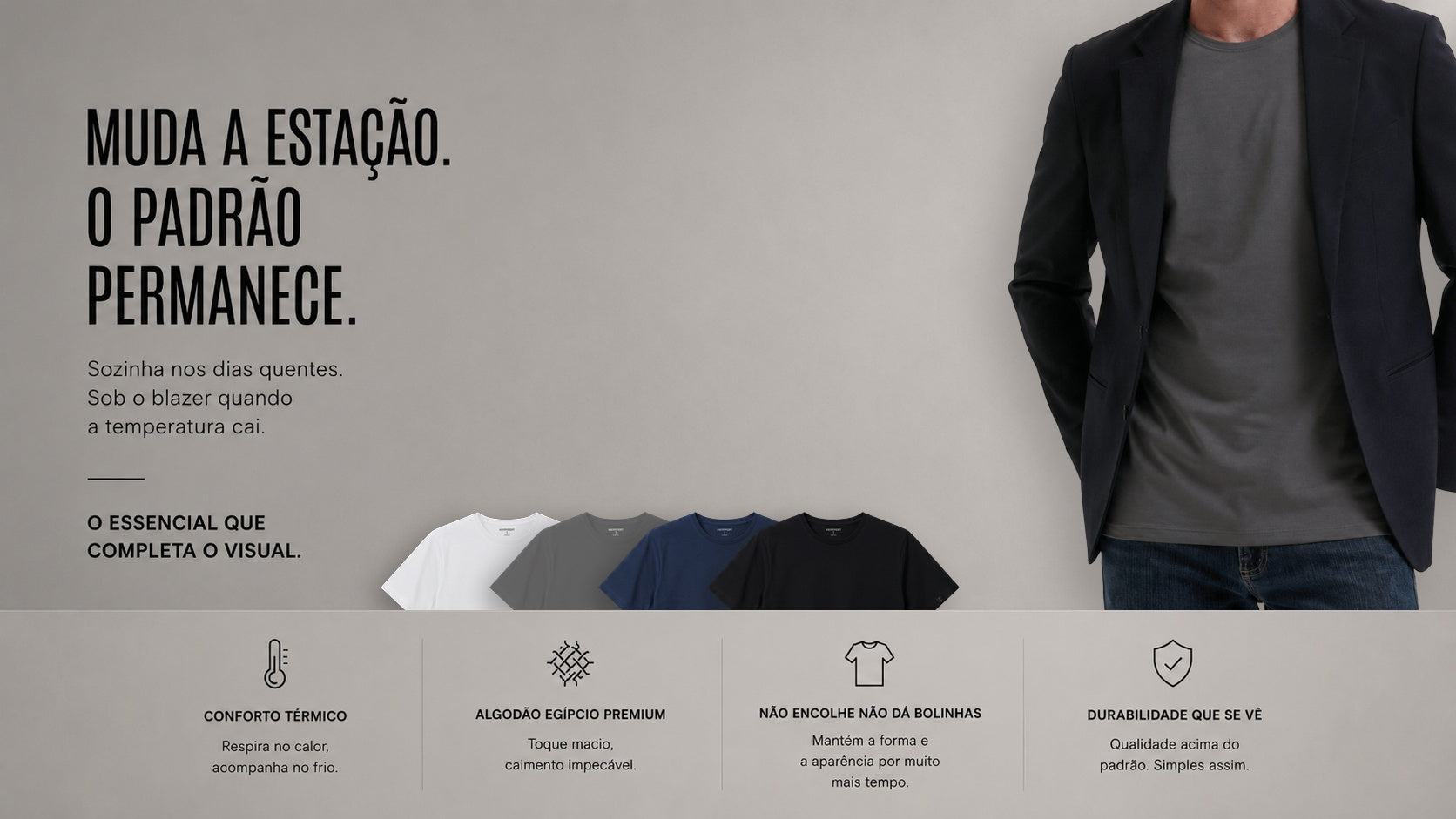 Modelo usando camiseta preta HANNPORT com blazer, com destaque para conforto térmico, algodão egípcio e durabilidade
